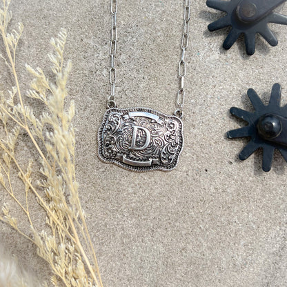 Western Buckle Initial Necklace – Bold Letter Pendant on Paperclip Chain
