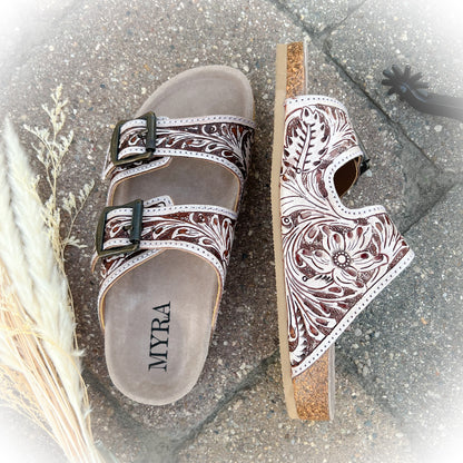 Rodeo Nights Western Tooled Leather Sandal Slides - Brown & White