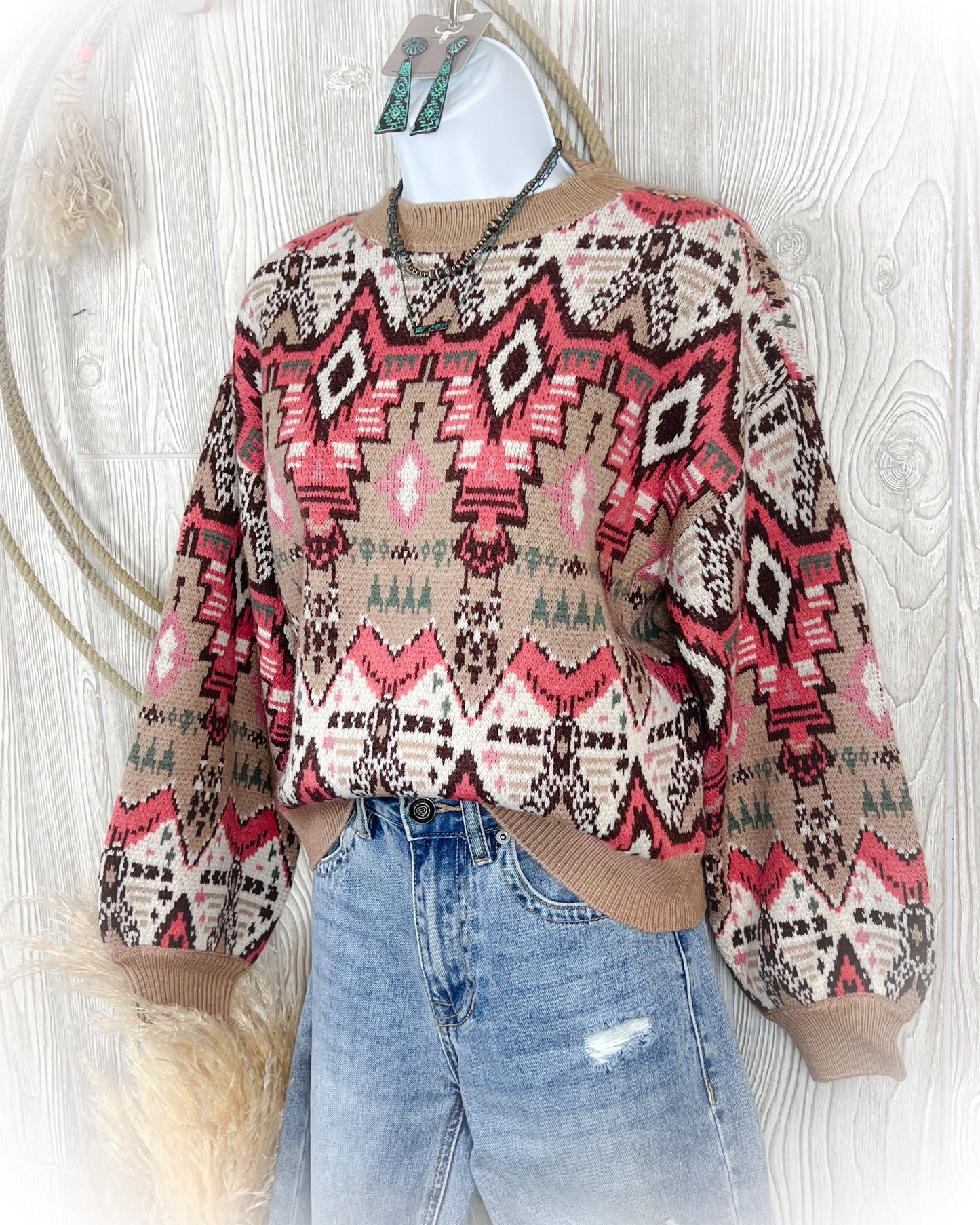 All Over Aztec Sweater - Rose