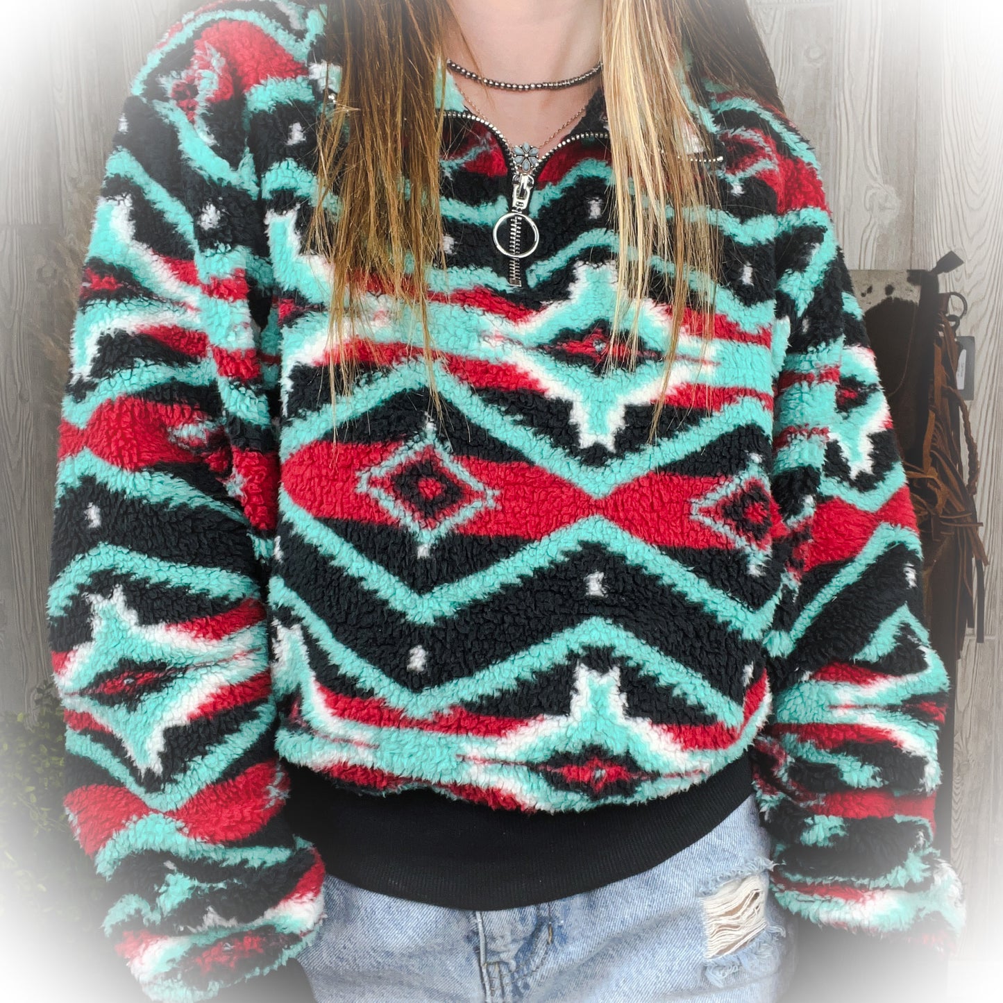 Aztec Sherpa Quarter Zip Sweater - Black
