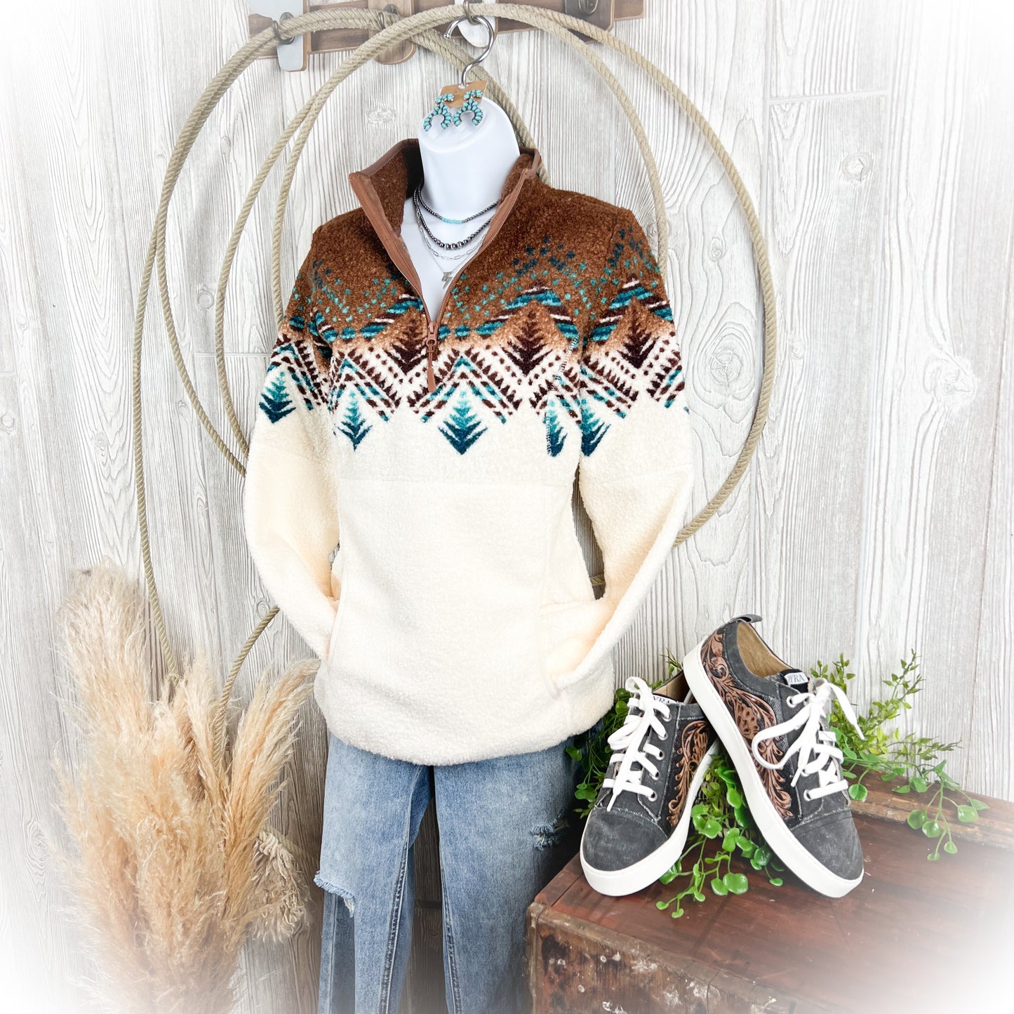 Western Berber Quarter-Zip Pullover – Bordered Cowgirl Style