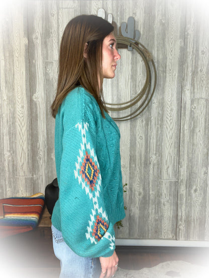 Western Aztec Sweater - Turquoise