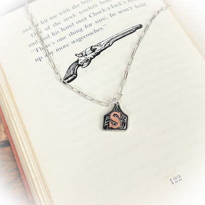 Small Western Cow-Tag Initial Necklace - Silver & Copper