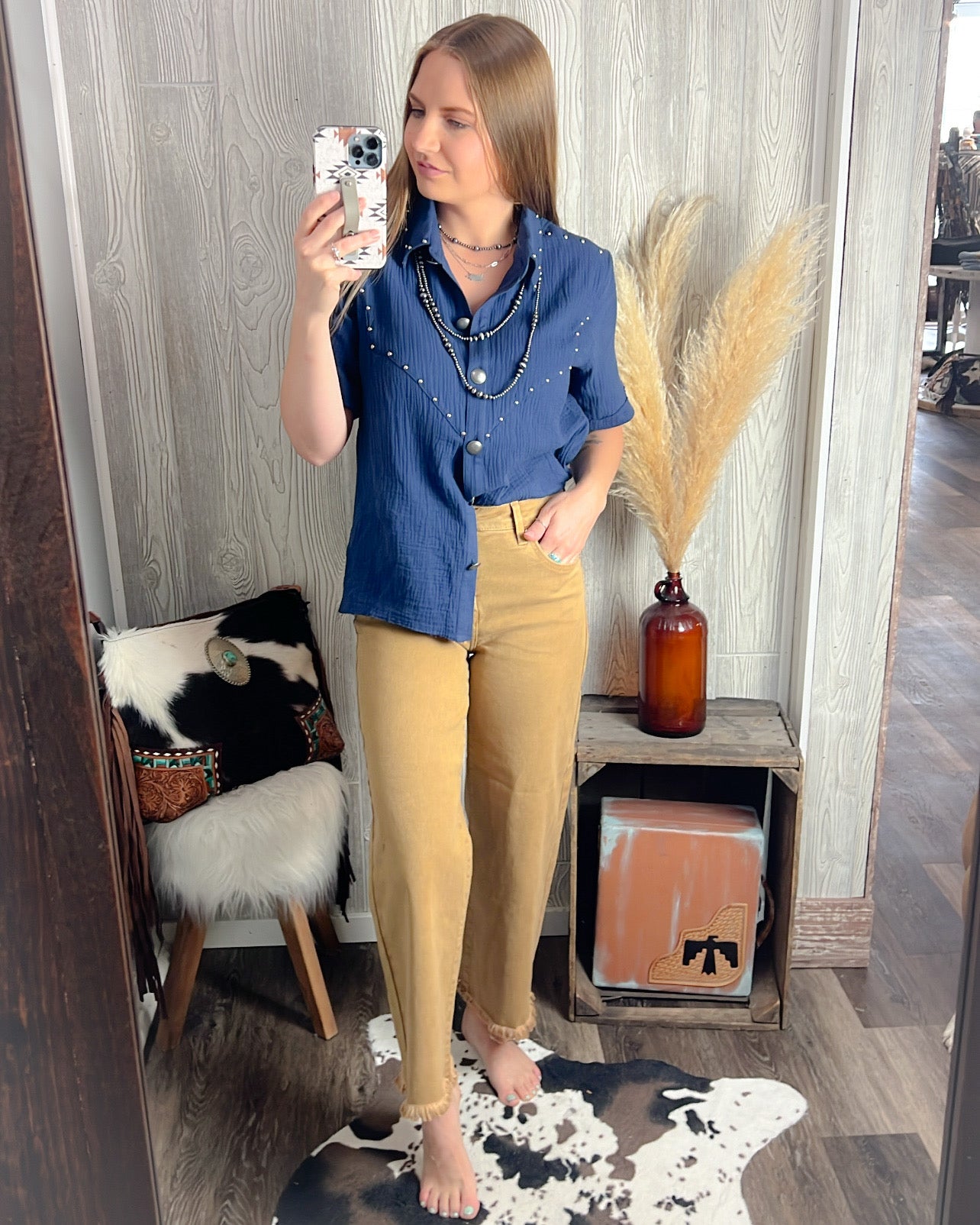 Midnight Rodeo Studded Button Top – Navy