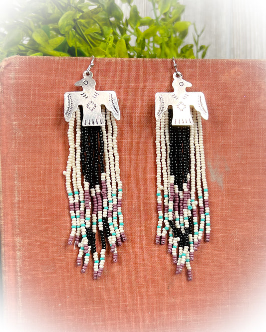 Thunderbird Beaded Earrings - White