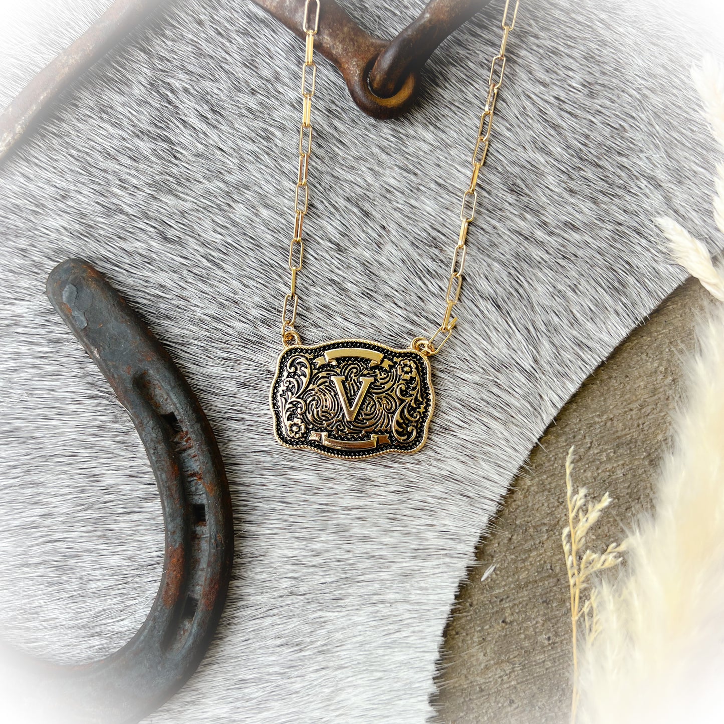 Western Buckle Initial Necklace - Antique Gold