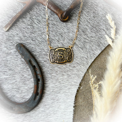 Western Buckle Initial Necklace - Antique Gold