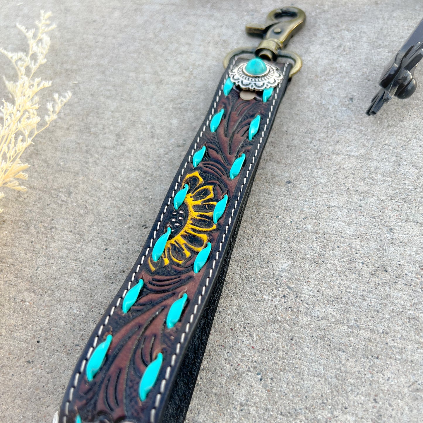 Sunflower Tooled Leather Keychain