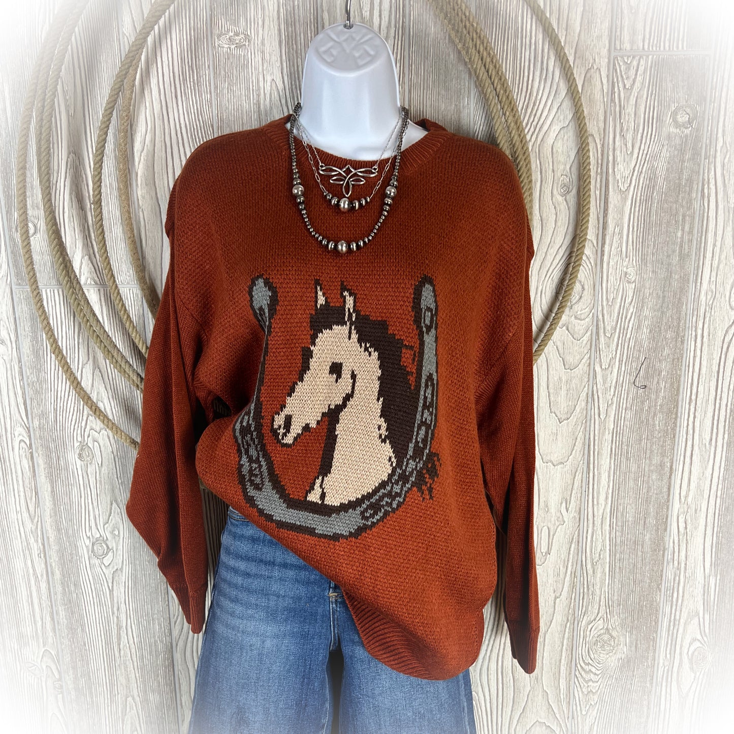 Oversized Western Horseshoe & Horse Head Sweater | Burnt Orange