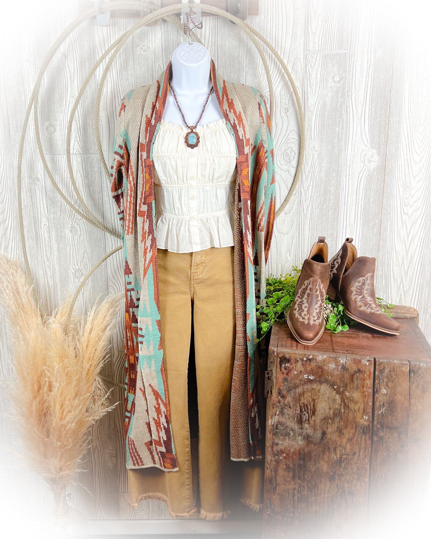 Fall Turquoise Canyon Aztec Duster Sweater Cardigan