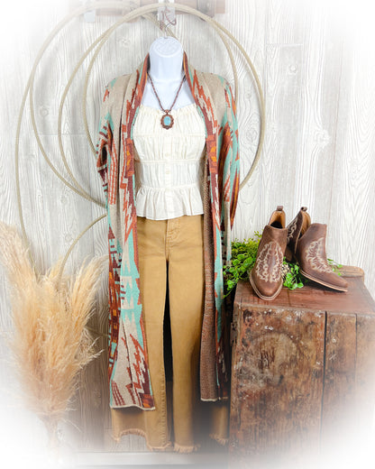 Fall Turquoise Canyon Aztec Duster Sweater Cardigan