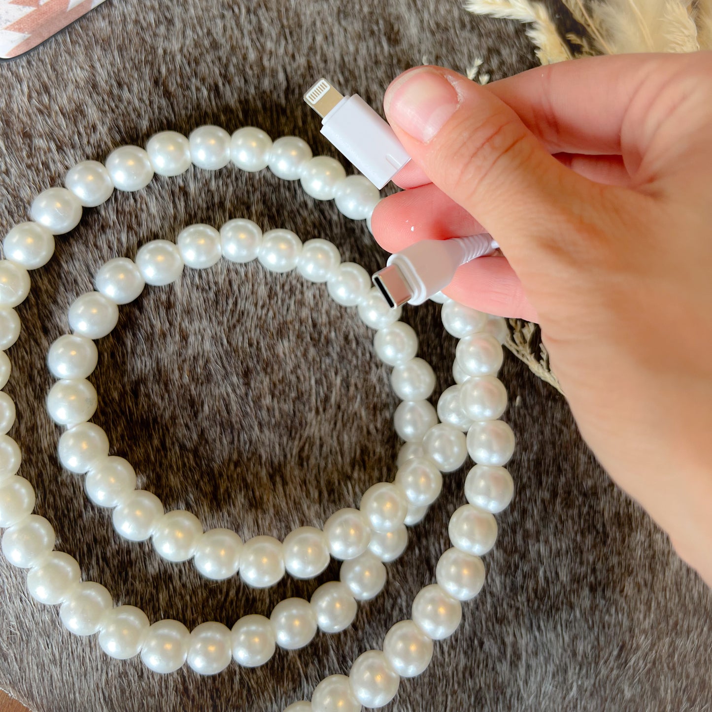 White Pearl Beaded Charging Cord