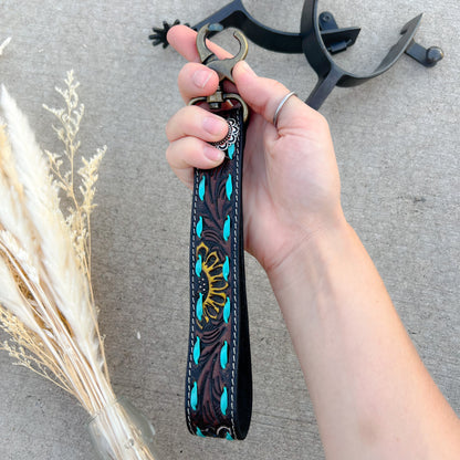 Sunflower Tooled Leather Keychain