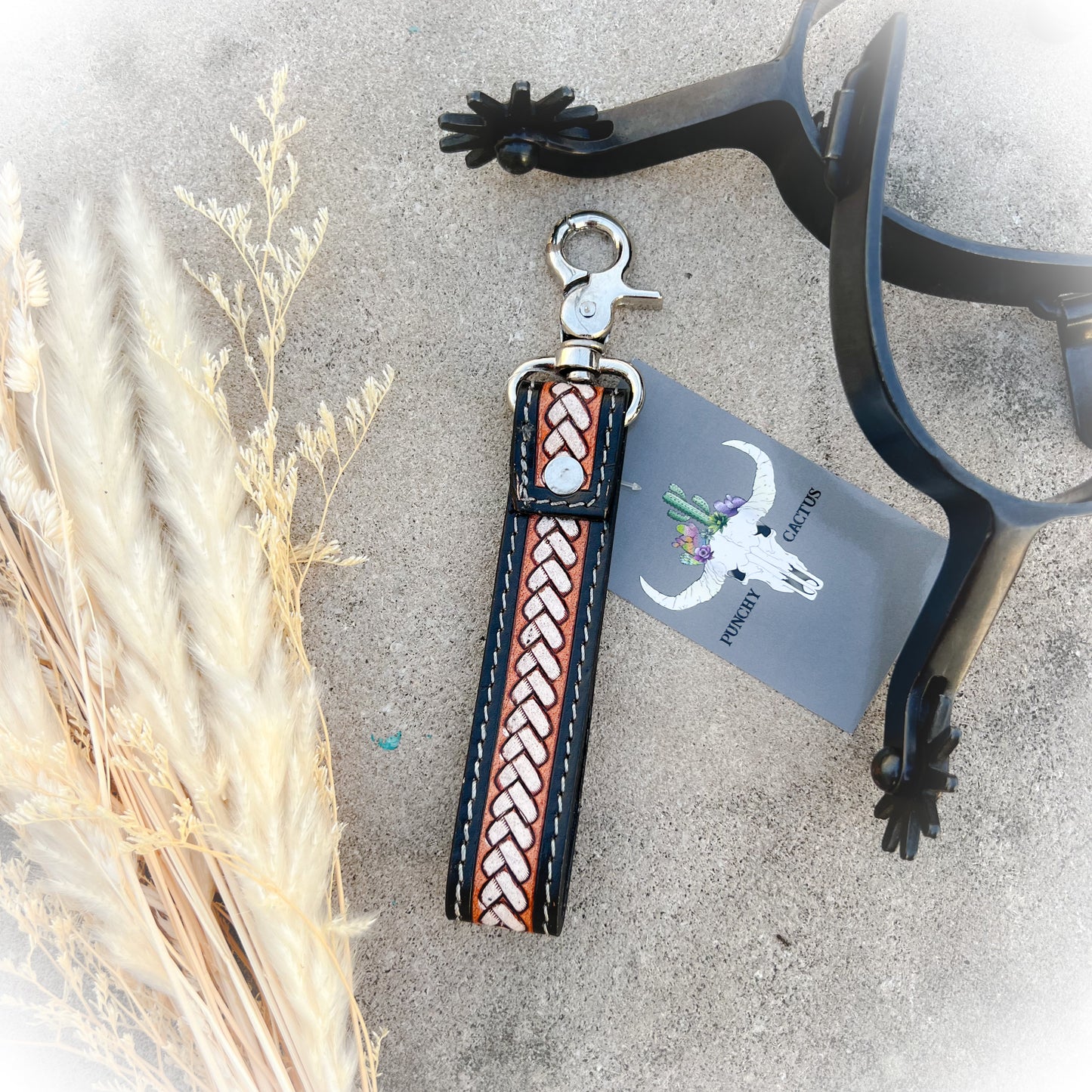 Braided Buckle Cowhide & Tooled Leather Western Keychain