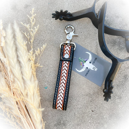 Braided Buckle Cowhide & Tooled Leather Western Keychain