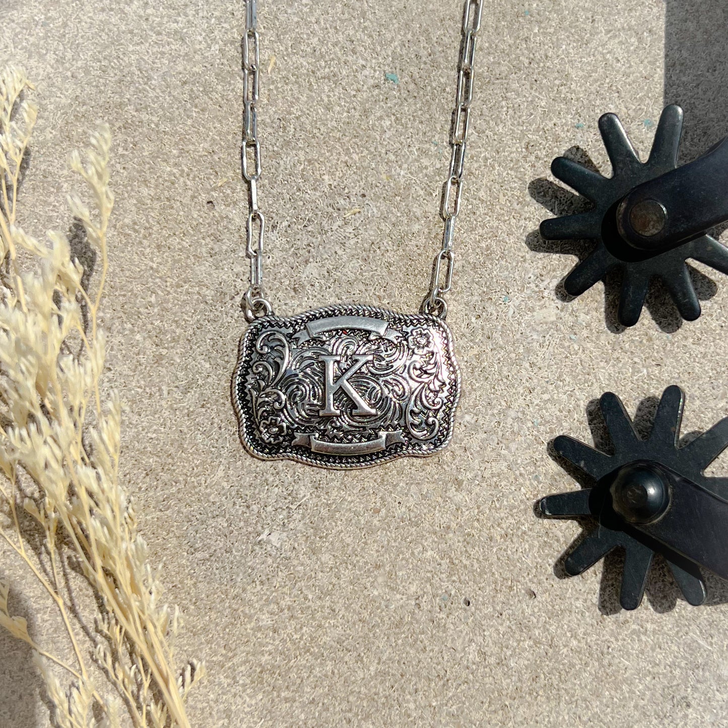 Western Buckle Initial Necklace – Bold Letter Pendant on Paperclip Chain
