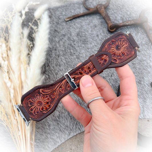 Lone Star Tooled Leather Watch Band - Antique Mahogany Color - 38mm-41mm