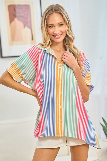 First Love Full Size Striped Button Down Short Sleeve Shirt - Online Exclusive