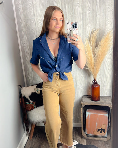 Midnight Rodeo Studded Button Top – Navy