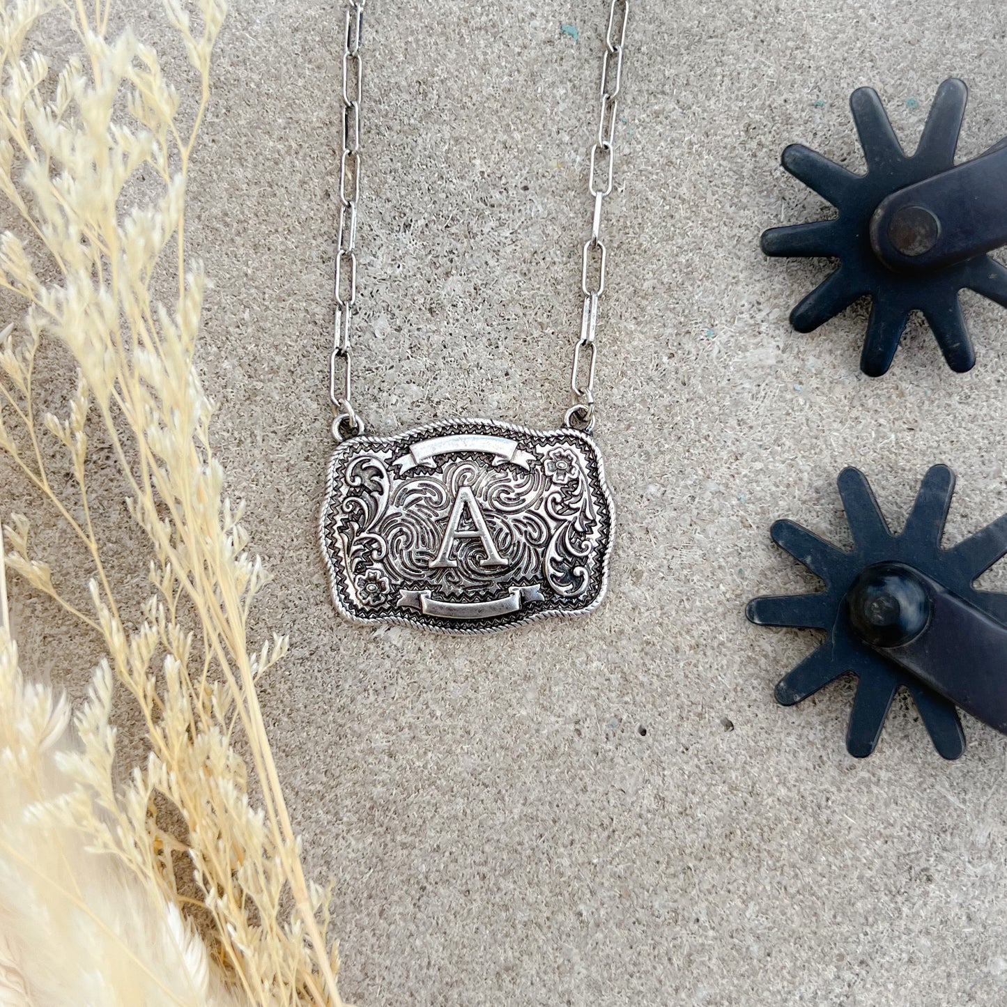 Western Buckle Initial Necklace – Bold Letter Pendant on Paperclip Chain