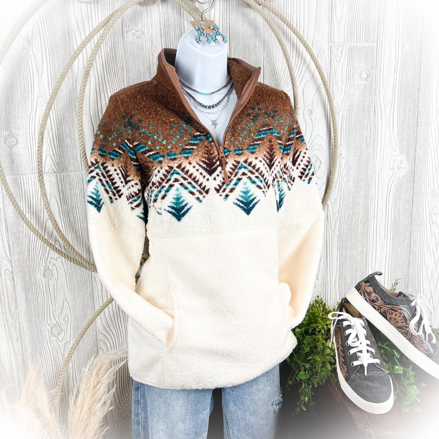 Western Berber Quarter-Zip Pullover – Bordered Cowgirl Style