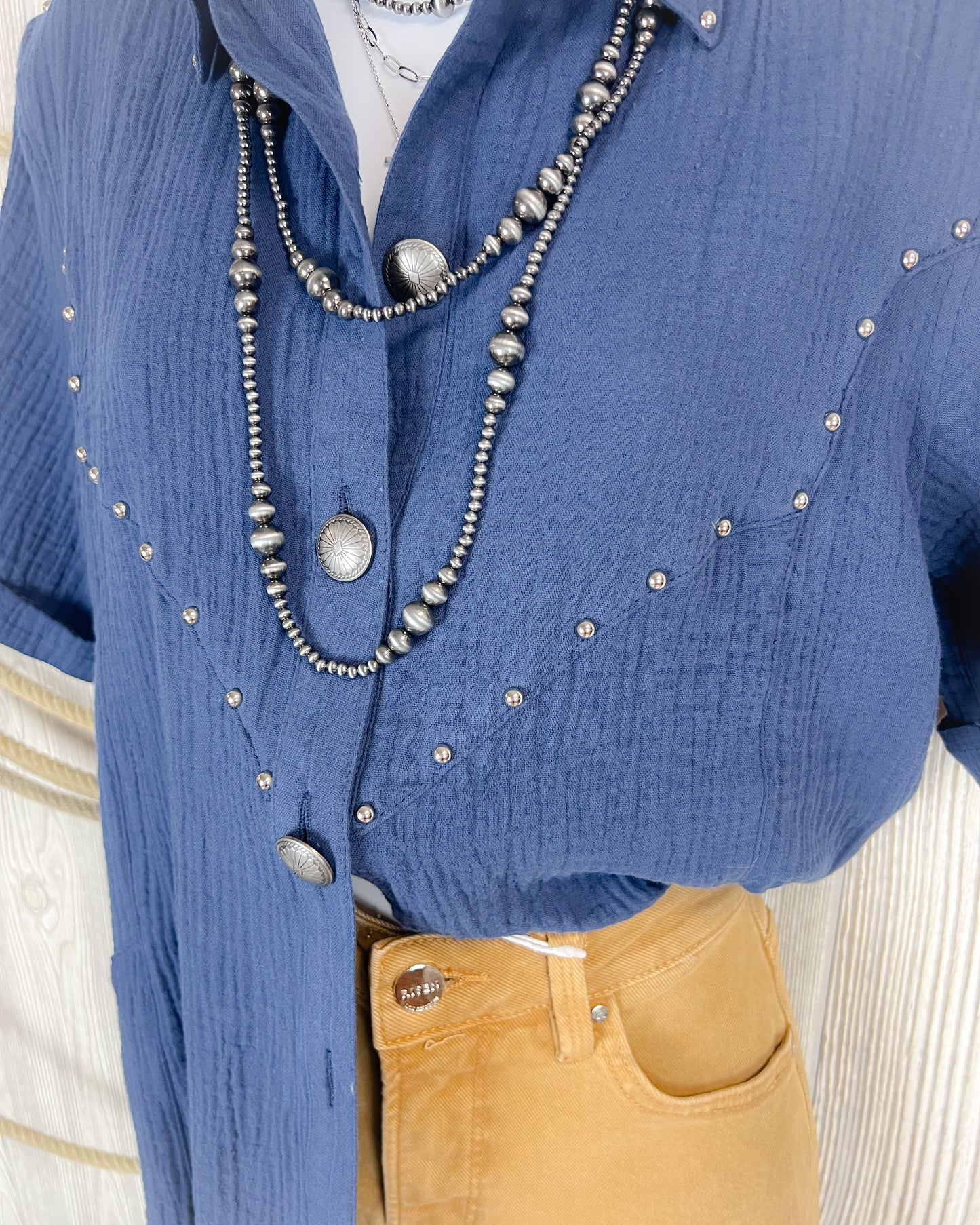 Midnight Rodeo Studded Button Top – Navy