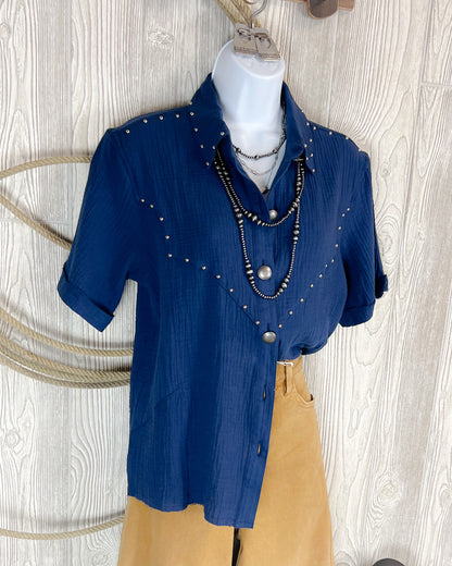 Midnight Rodeo Studded Button Top – Navy