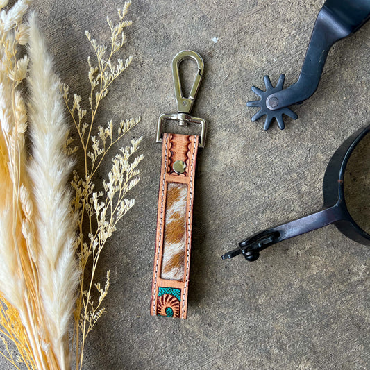 Turquoise Trails Tooled Leather & Cowhide Keychain – Silver Clip