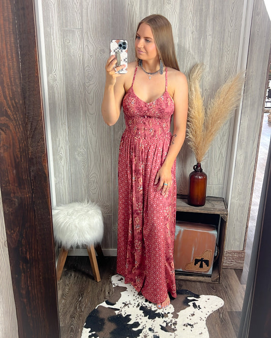 Desert Bloom Smocked Maxi Dress – Rose Boho Western Floral