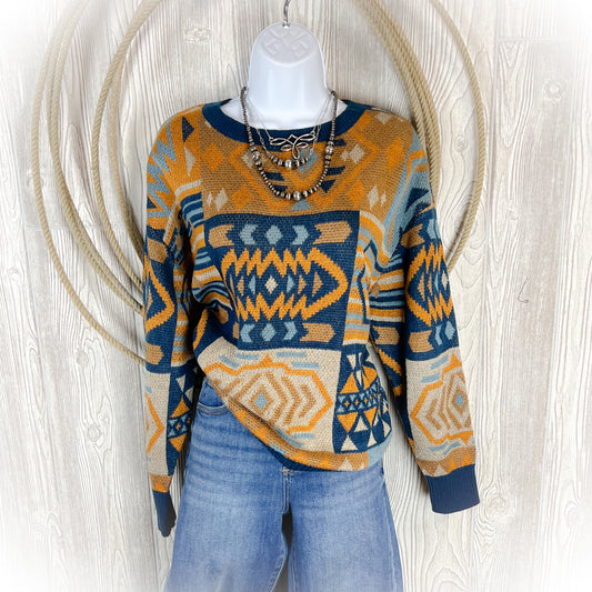 Grandma’s Sweater But Cuter | Oversized Western Aztec Sweater – Navy