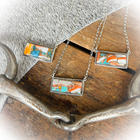 Cora Necklace - Sterling Silver Spiny Oyster & Mojave Turquoise Bar Necklace