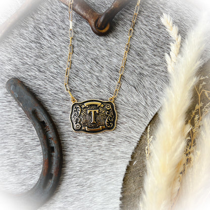 Western Buckle Initial Necklace - Antique Gold