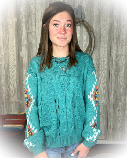 Western Aztec Sweater - Turquoise