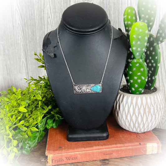 Turquoise Stone Bar Necklace - Silver
