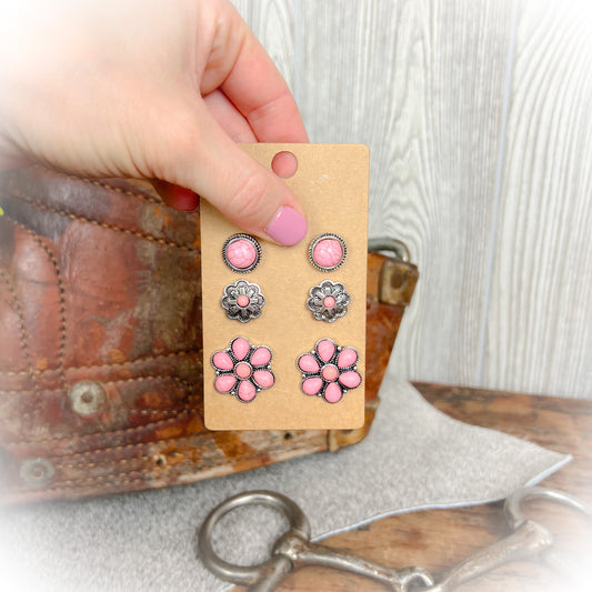 Island Dream Western Earring Set | Pink Coral Flower Concho Stud Earrings (3-Pair Set)