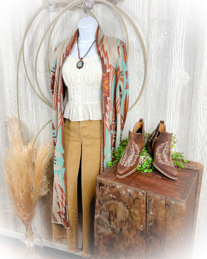 Fall Turquoise Canyon Aztec Duster Sweater Cardigan