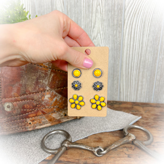 Sundance Western Earrings Set | Yellow Flower Concho Stud Earrings (3-Pair Set)