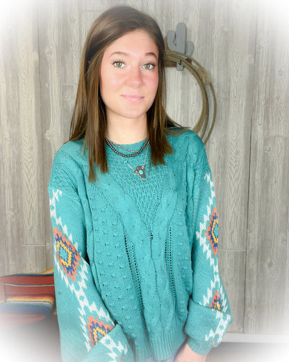 Western Aztec Sweater - Turquoise