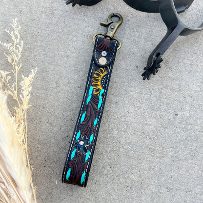 Sunflower Tooled Leather Keychain