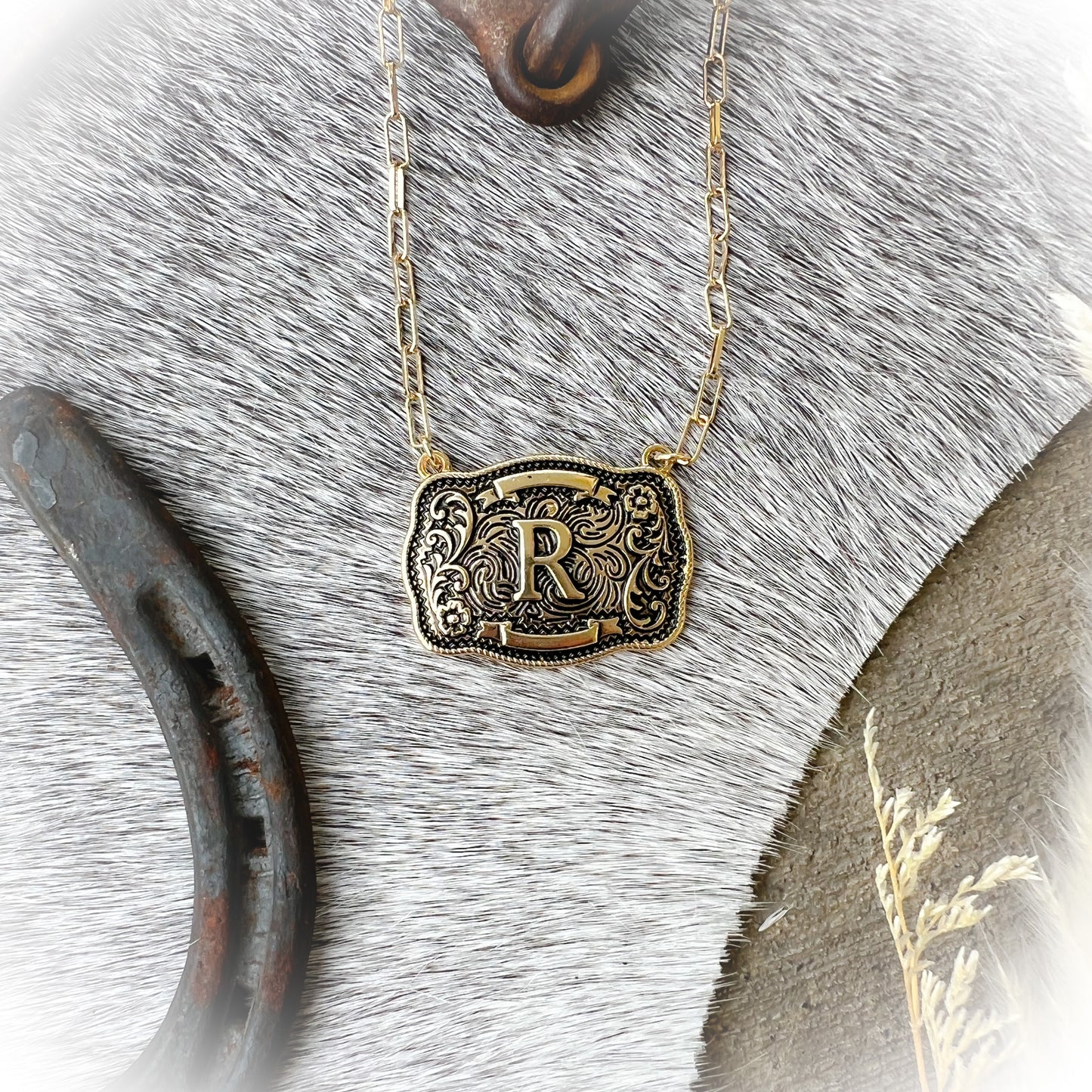 Western Buckle Initial Necklace - Antique Gold
