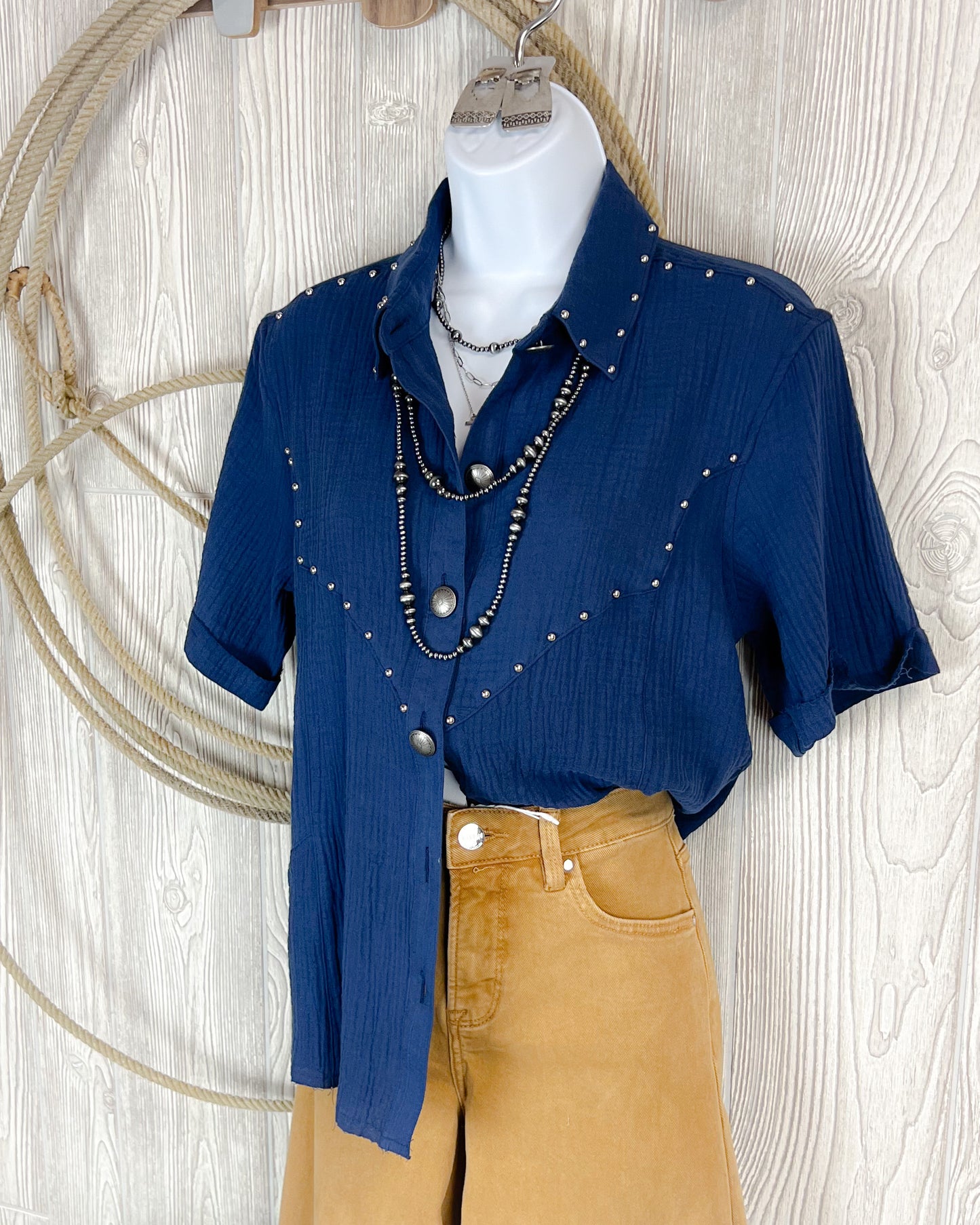 Midnight Rodeo Studded Button Top – Navy