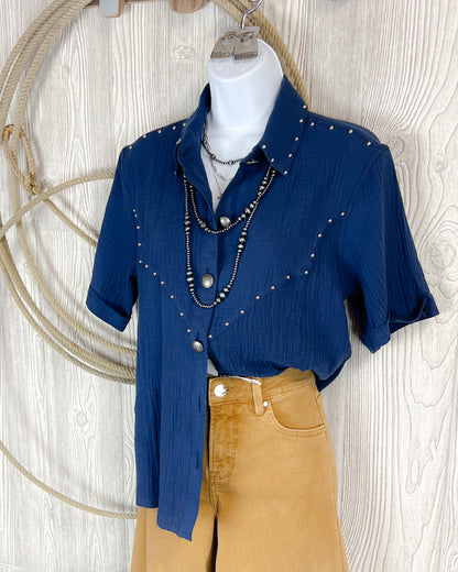 Midnight Rodeo Studded Button Top – Navy