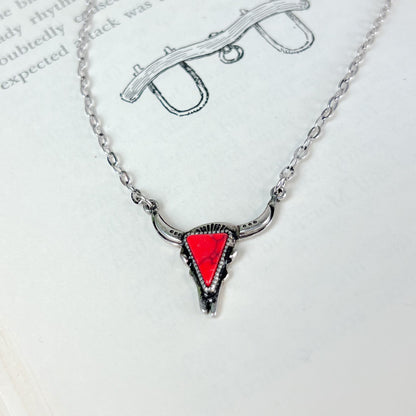 Western Steer Head Necklace - Red