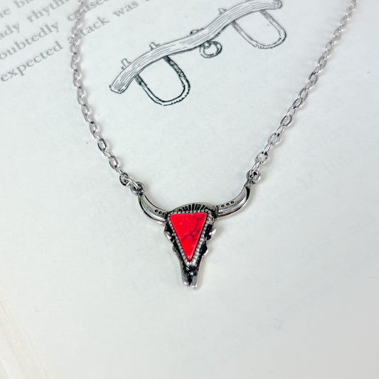 Western Steer Head Necklace - Red