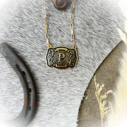 Western Buckle Initial Necklace - Antique Gold