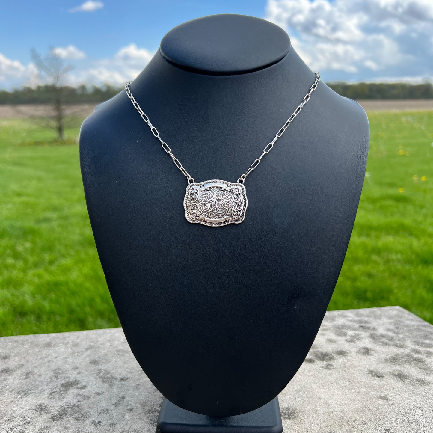 Wild West Buckle Necklace – Silver Paperclip Chain Pendant