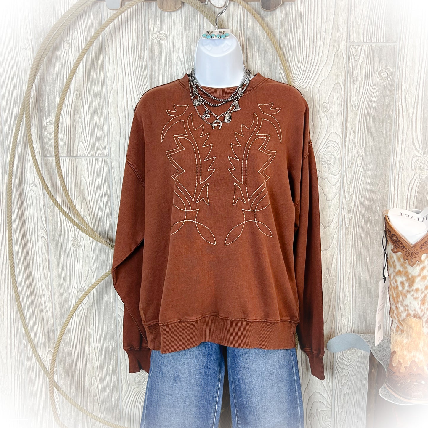 Bareback Jack Western Boot Stitch Crewneck Sweatshirt - Brown