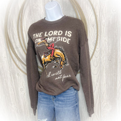 “The Lord Is On My Side” Western Cowboy Graphic Pullover – Mineral Brown Christian Rodeo Sweatshirt (Psalm 118:6)