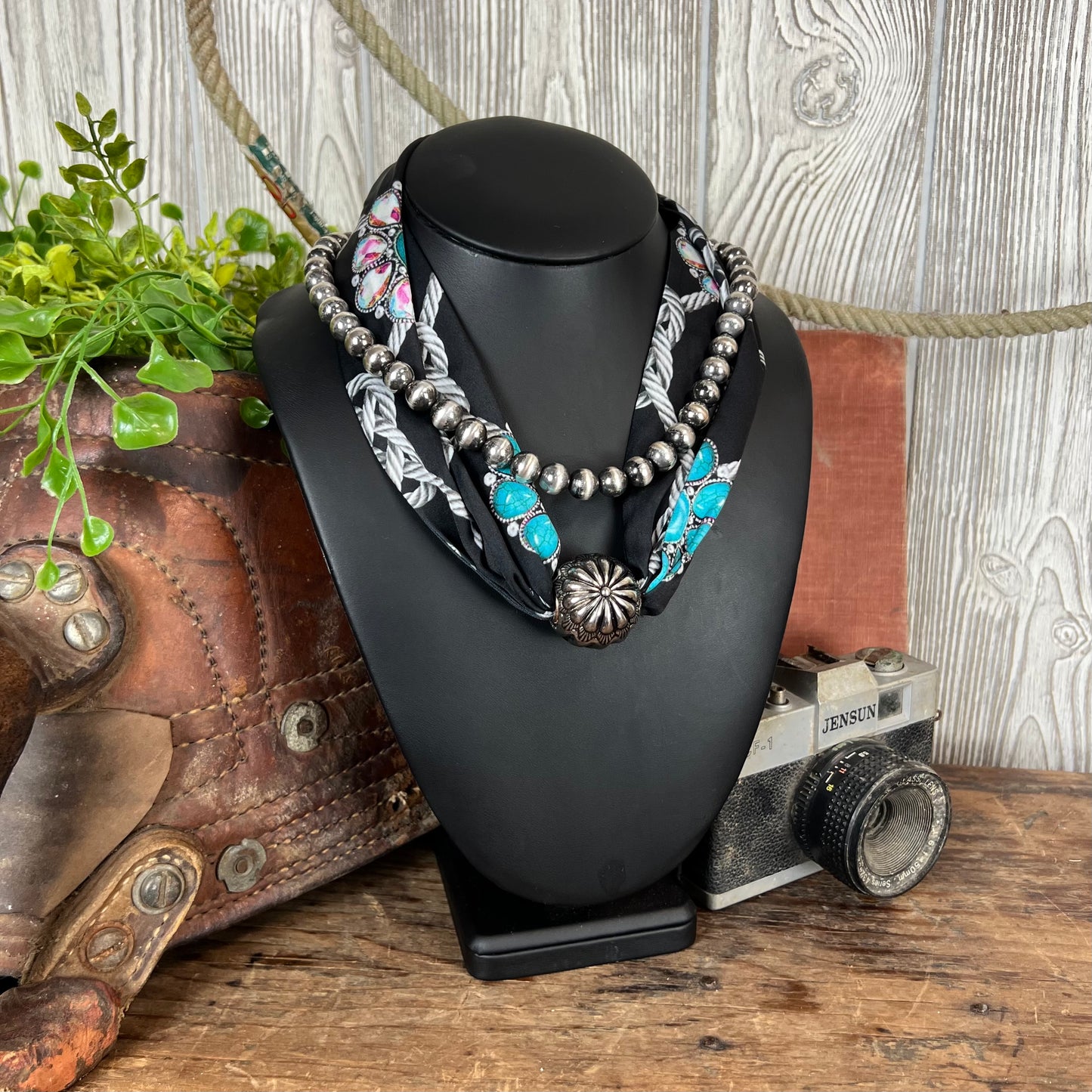 Western Scarf Necklace – Black & Turquoise