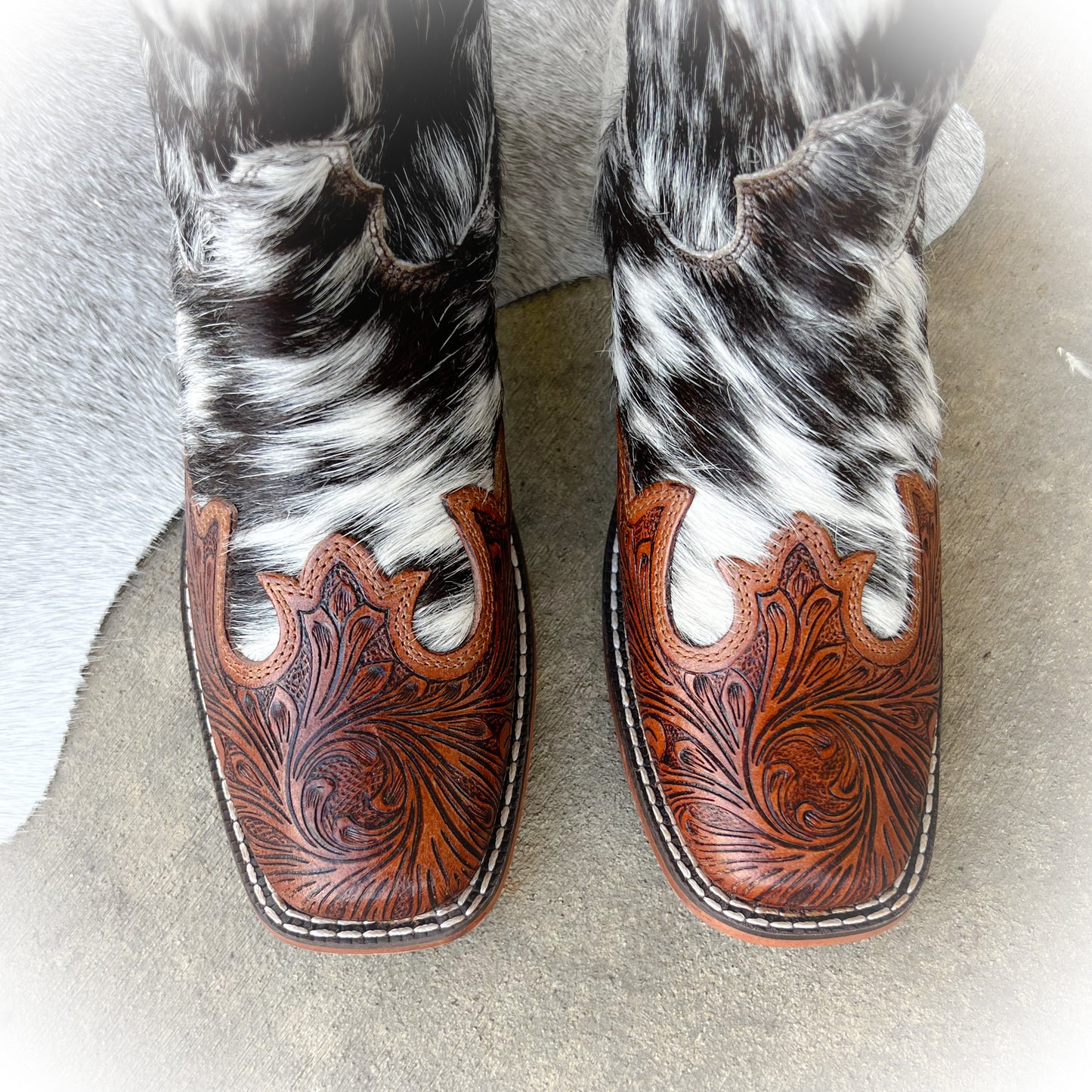 Classic Boujee Cowgirl Western Cowhide & Tooled Leather Boots - Square Toe*